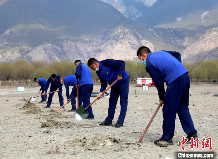 林芝市巴宜區(qū)森林消防中隊志愿服務(wù)隊正在揮鍬鏟土?！∥骼@拉翁 攝