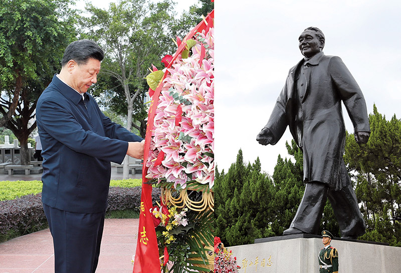 2020年10月14日，習(xí)近平總書記向深圳蓮花山公園鄧小平同志銅像敬獻(xiàn)花籃。