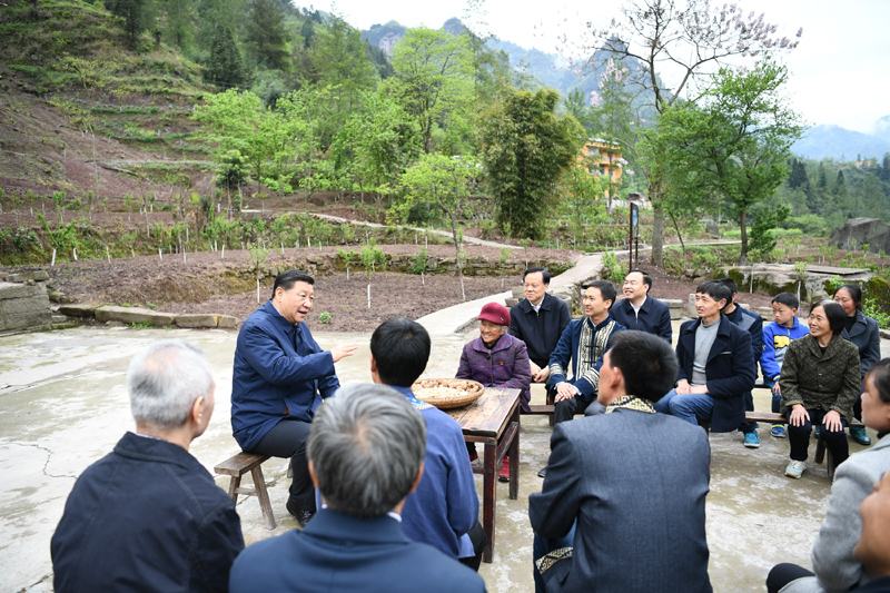 2019年4月15日至17日，中共中央總書記、國家主席、中央軍委主席習(xí)近平在重慶考察，并主持召開解決“兩不愁三保障”突出問題座談會。這是4月15日下午，習(xí)近平在石柱土家族自治縣中益鄉(xiāng)華溪村同村民代表、基層干部、扶貧干部、鄉(xiāng)村醫(yī)生等圍坐在一起，共話脫貧攻堅。新華社記者 謝環(huán)馳 攝