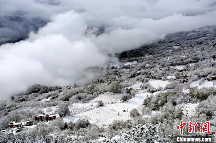 雪后的丹巴半山云霧繚繞?！±钣腊?攝