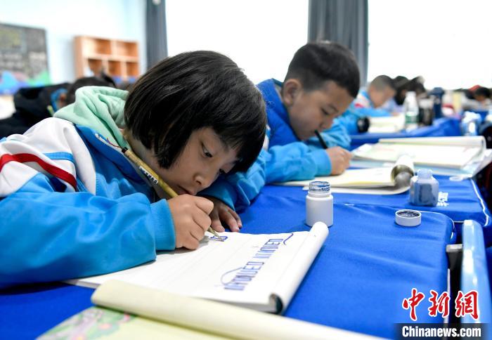 3月14日，西藏拉薩市第一小學(xué)一年級(jí)六班的學(xué)生們?cè)诓卣Z文課上書寫藏文?！±盍?攝