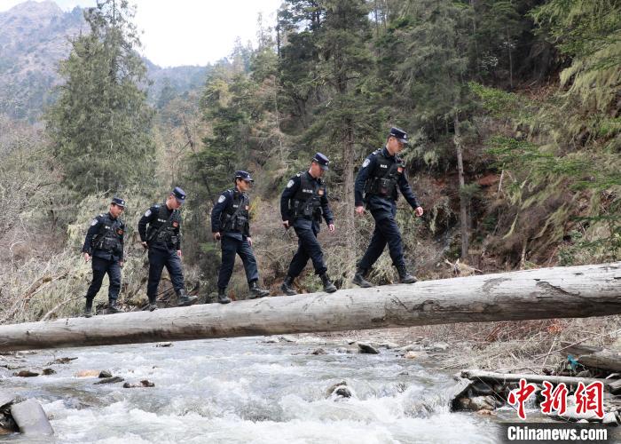 山南邊境管理支隊玉麥邊境派出所民警邊境巡邏途中走過河道上“獨木橋”。　鄭琦山 攝